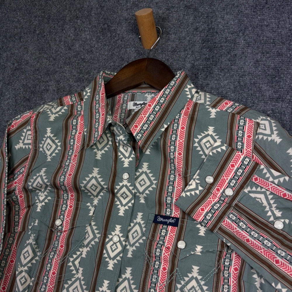 Wrangler Retro Western Shirt Womens Small Green Red Aztec Geometric Pearl Snap